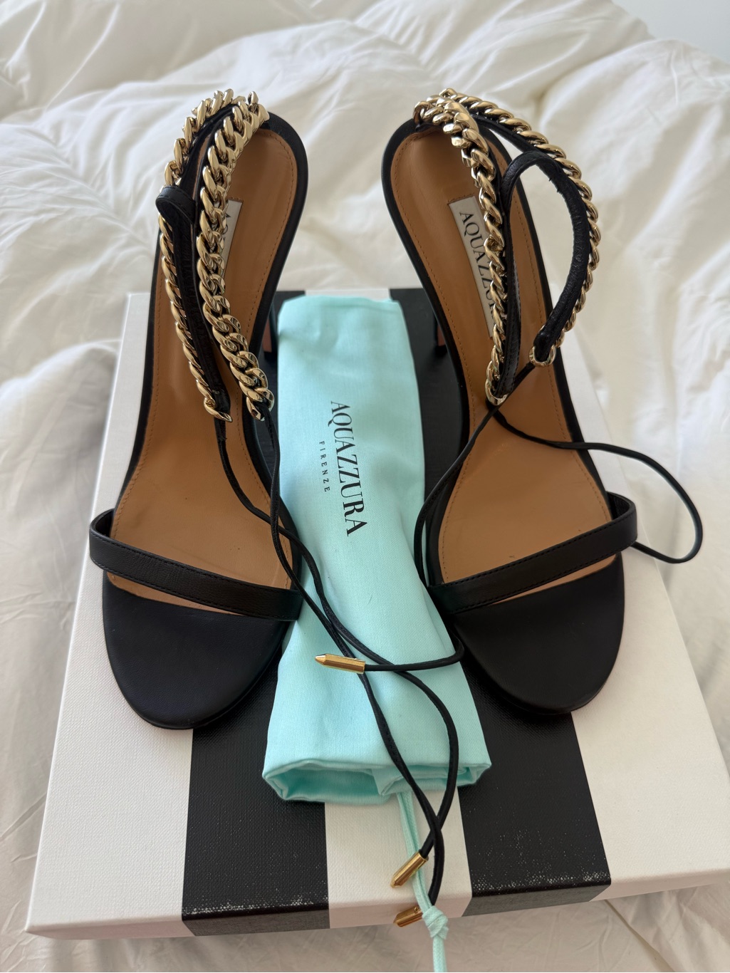 Aquazzura Black Leather Chain-Trim Lace-Up Heels